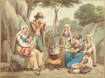 En bondefamilie, der laver mad over et bål af Bartolomeo Pinelli