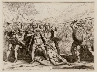 Kamp mellem romere og gallere efter Marcus Valerius Corvus dræbte en gigantisk galler i enekamp, 349 f.Kr (radering) af Bartolomeo Pinelli