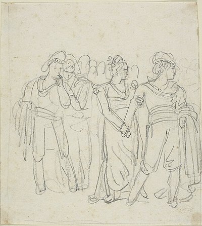 Brigadehøvding holdt tilbage af en kvinde (recto); Skitse af to figurer i et landskab (verso) af Bartolomeo Pinelli