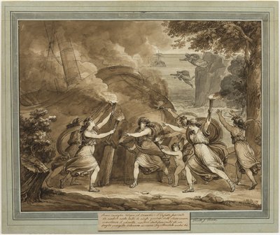 Amor råder Calypso til at sætte ild til mentors skib, fra The Adventures of Telemachus, bog 7 af Bartolomeo Pinelli