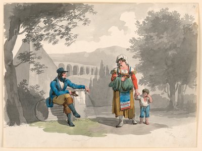 Tegning, En kvinde, der holder en dreng i hånden, passerer en herre, der sidder blandt ruiner i Campagna, 1807 af Bartolomeo Pinelli