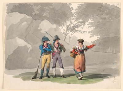 Tegning, En kvinde og to mænd med geværer. Kostumer fra kongeriget Napoli, 1807-08 af Bartolomeo Pinelli