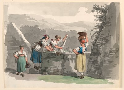 Tegning, Vaskeri i bjergene nær Rom, 1807-08 af Bartolomeo Pinelli
