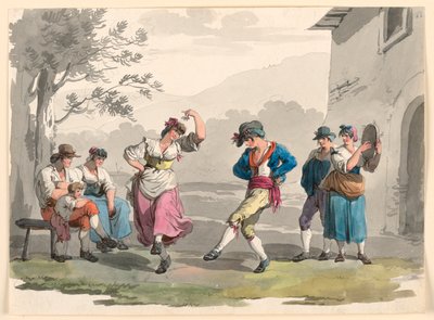 Tegning, "Saltarello Romano", Dansende bønder i Roms nabolag, 1807-08 af Bartolomeo Pinelli