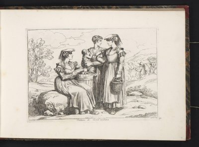 Tre kvinder og et barn fra Castel Madama Costumi di Castel madama (titel på objekt) Kostumetryk med figurer fra Rom og omegn (serietitel) Nuova raccolta di cinquanta costumi de contorni di Roma (serietitel) af Bartolomeo Pinelli