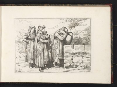 Tre kvinder og et barn fra Cervara di Roma Costumi di Cervara (titel på objekt) Kostumetryk med figurer fra Rom og omegn (serietitel) Nuova raccolta di cinquanta costumi de contorni di Roma (serietitel) af Bartolomeo Pinelli