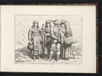 Tre kvinder og to mænd fra Sonnino Costumi di Sonnino (titel på objekt) Kostumetryk med figurer fra Rom og omegn (serietitel) Nuova raccolta di cinquanta costumi de contorni di Roma (serietitel) af Bartolomeo Pinelli