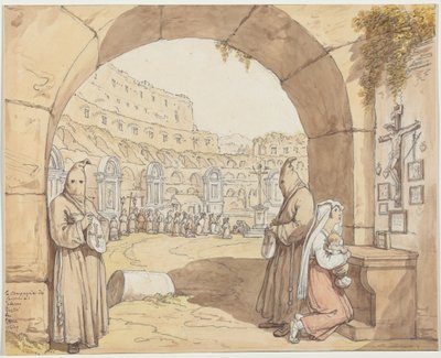 La Compagnia dei sacconi al Colosseo (Botgørere, der beder ved alterene i Colosseum) af Bartolomeo Pinelli