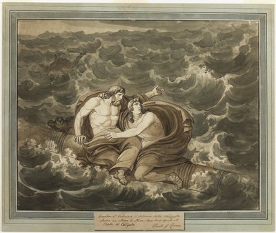 Mentor og Telemachus, efter at have overlevet stormen, er ivrige til øen Calypso på en mast, fra The Adventures of Telemachus, bog 6 af Bartolomeo Pinelli