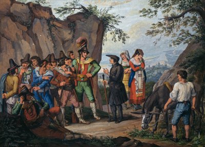 Forhandlinger om overgivelse mellem brigand Gasparone og ærkepræst Pellegrini af Bartolomeo Pinelli