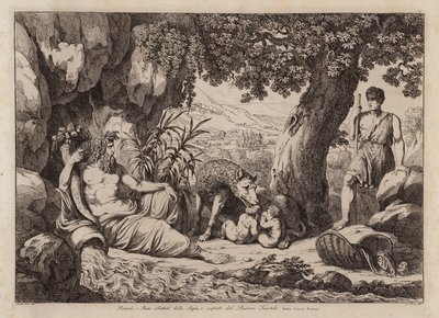 Romulus og Remus ammet af hunulven og opdaget af hyrden Faustulus (radering) af Bartolomeo Pinelli