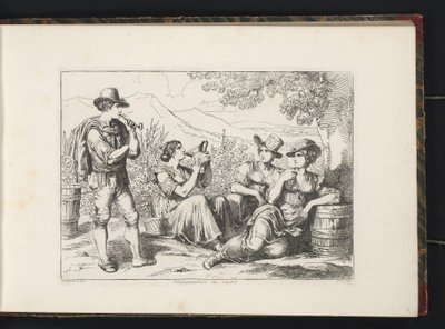 Hvilende vindrikkere Vendemmia Trici in riposo (titel på objekt) Kostumetryk med figurer fra Rom og omegn (serietitel) Nuova raccolta di cinquanta costumi de contorni di Roma (serietitel) af Bartolomeo Pinelli