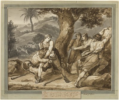 Telemachus kæmper mod løven, fra Telemachos eventyr, bog 2 af Bartolomeo Pinelli