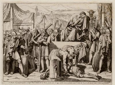 Titus Manlius Torquatus får sin søn halshugget for at have forladt sin post i kamp (radering) af Bartolomeo Pinelli