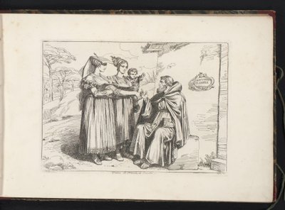 To kvinder fra Frascati og en eremit Donne di Frascati, red. Eremita (titel på objekt) Kostumetryk med figurer fra Rom og omegn (serietitel) Nuova raccolta di cinquanta costumi de contorni di Roma (serietitel) af Bartolomeo Pinelli
