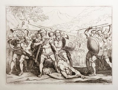 Da Valerio Corvo i en duel har dræbt en gallisk soldat af gigantisk statur og er ved at klæde ham af, løber gallerne, som ikke kan holde sig i skindet, til for at hævne ham, men de bliver fuldstændig besejret af romerne af Bartolomeo Pinelli
