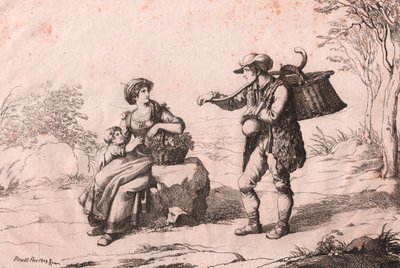 Kvinde fra Pietra Terrazzana i traditionelle kostumer, Abruzzo og Gioncataro (sælger af caciotte ost), ætsning af Bartolomeo Pinelli (Rom) af Bartolomeo Pinelli