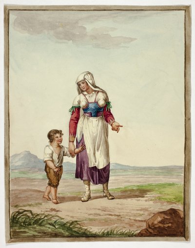 Kvinde i indianerkostume med dreng på vej af Bartolomeo Pinelli
