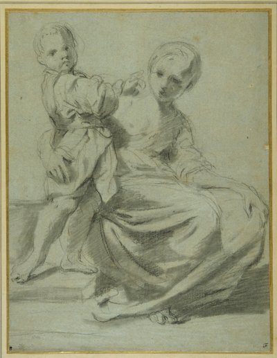 Mor og barn (sort kridt med brun vask på carta azzurra) af Bartolomeo Schedoni