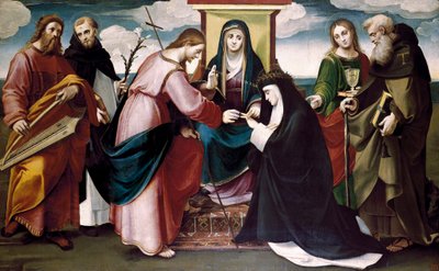 Det mystiske bryllup mellem Saint Catherine af Siena med Kristus og de hellige Johannes Døberen, Antonio Abate, Dominic, Kong David og Jomfru Maria, ca. 1517 (olie på panel) af Bartolomeo called Bagnacavallo Ramenghi