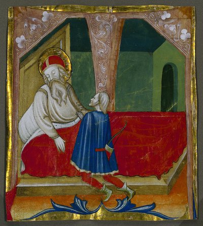 Indledende T fra en korbog med Isaac og Esau af Bartolomeo da Gallarate