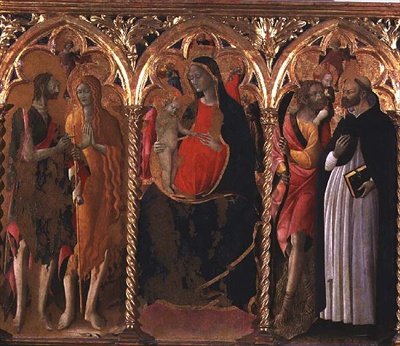 Triptykon: Madonna og Barn (centralt panel) med Sankt Johannes Døberen, Sankt Maria Magdalena, Sankt Christopher og Sankt Dominikus (tempera på panelet) af Bartolomeo di Tommaso da Foligno
