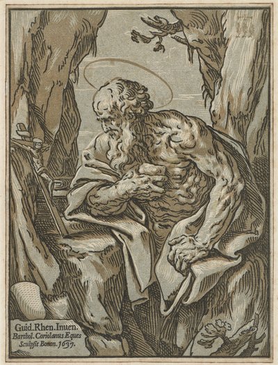 Sankt Jerome, efter Guido Reni, 1637 (chiaroscuro træsnit fra tre blokke på lagt papir) af Bartolommeo Coriolano