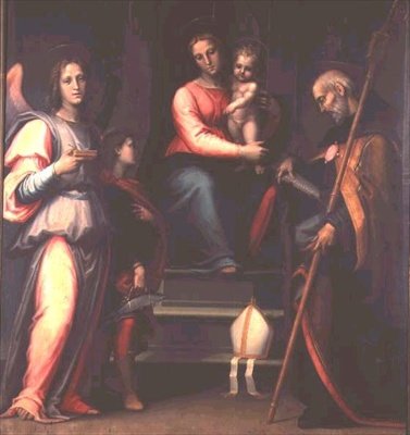 Madonna og barn med de hellige Augustin, Tobias og ærkeenglen Rafael af Bartolommeo Sogliani