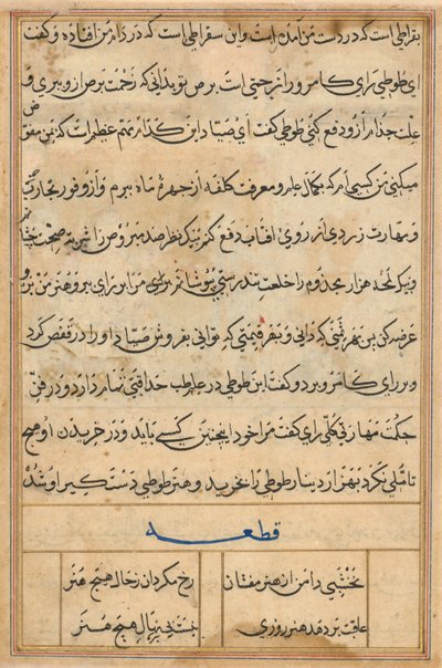 Side fra Tales of a Parrot Tuti-nama: tekstside, ca. 1560. af Basavana
