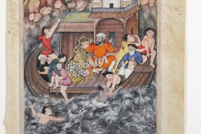 Detalje fra En storm på havet, ca. 1560-65 (uigennemsigtig akvarel og guld på papir) af Basawan Basawan