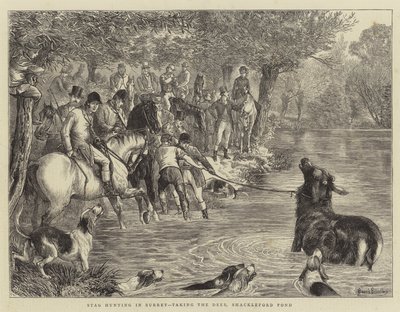 Jagt på hjorte i Surrey, at tage hjortene, Shackleford Pond af Basil Bradley