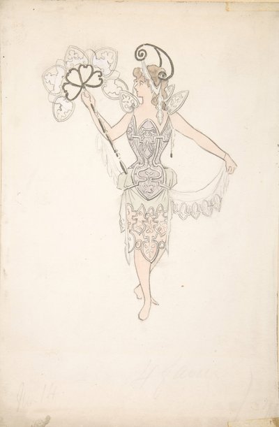 Kostumedesign til dame med vifte, 1890-99. af Basil Crage