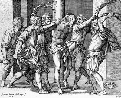 Kristi flagellation, graveret af Martin Rota af Battista (after) Franco