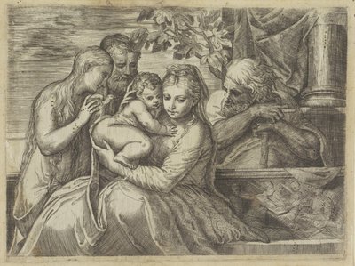 Hellig familie med hellige af Battista Angolo del Moro (attributed to)