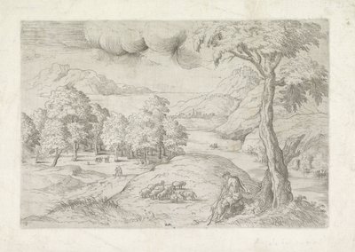 Panoramalandskab med ruiner, en by og rejsende Landschap mødte hyrde af Battista Angolo del Moro