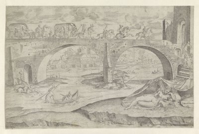 Venus og Amor i bybilledet med en bro af Battista Angolo del Moro