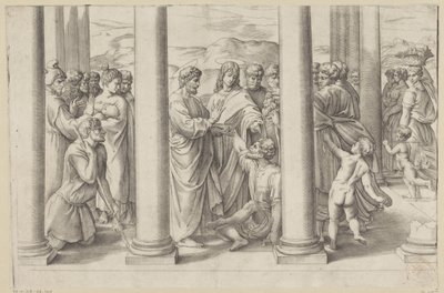 De hellige Peter og Johannes helbreder en lammelse i et tempel af Battista Franco
