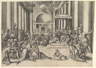 Konstantin præsenterer byen Rom for Den Hellige Stol, til højre, mange tilskuere ..., ca. 1530-61. af Battista Franco Veneziano