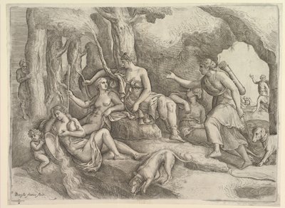 Diana hviler med nymfer. af Battista Franco Veneziano