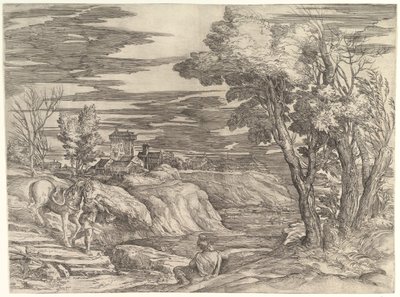 Landskab med en rytter og hans brudgom, ca. 1552-61. af Battista Franco Veneziano