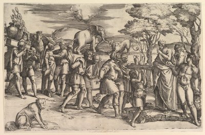 Melkisedek ofrer brød og vin til Abraham, ca. 1547. af Battista Franco Veneziano