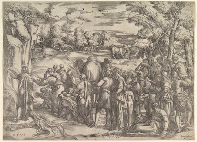 Moses trækker vand fra klippen, til venstre med vand strømmende, forskellige figurer og ..., ca. 1552-61. af Battista Franco Veneziano