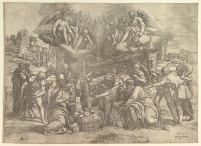 Hyrdernes tilbedelse med engle over hovedet, ca. 1530-61. af Battista Franco Veneziano