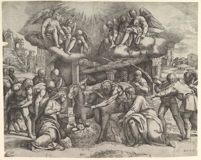 Hyrdernes tilbedelse med engle over hovedet, ca. 1530-61. af Battista Franco Veneziano