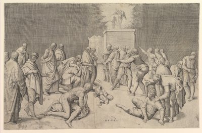 Filisterne placerer pagtens ark i Dagons tempel, ca. 1540. af Battista Franco Veneziano
