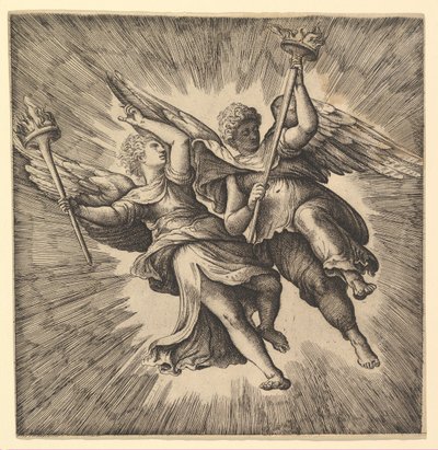 To engle eller bevingede Genii, der bærer fakler. af Battista Franco Veneziano