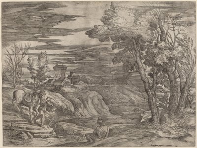 Landskab med en mand, der leder en hest af Battista Franco after Titian