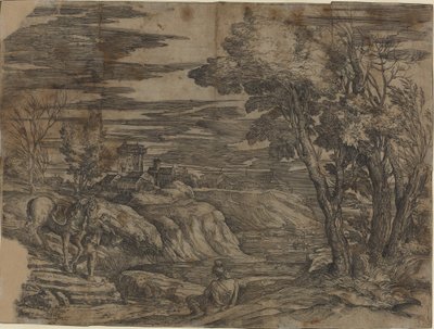 Landskab med en mand, der leder en hest af Battista Franco, after Titian