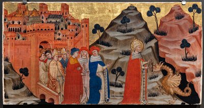 Pave St. Sylvester besejrer den tarpeiske klippes drage (tempera på panel) af Battista da Vicenza