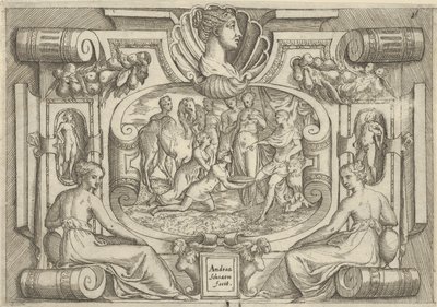 En mand og kvinde, der ofrer et fad med mønter til en konge, der sidder på en trone, sat med..., ca. 1540-80. af Battista del Moro